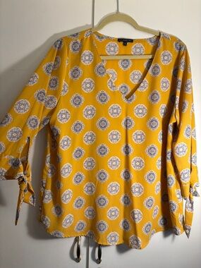 West Kei Mustard Yellow Medallion V-Neck Tie-Sleeve Blouse